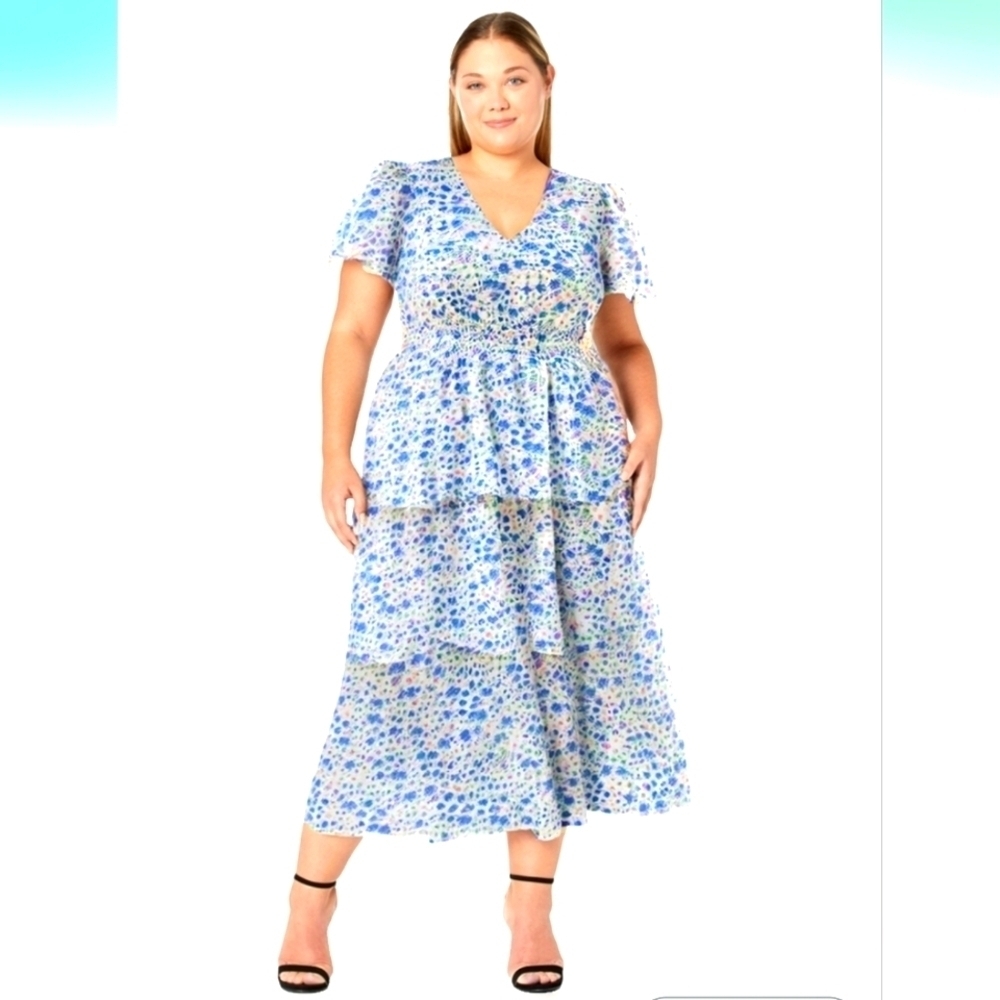 GRACE KARIN Women's Floral Summer Long Midi Dress V Neck Short Sleeve Ruffle